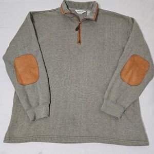 Orvis XL Quarter Zip Pullover Sweater Gray Leather Trim Elbow Patches